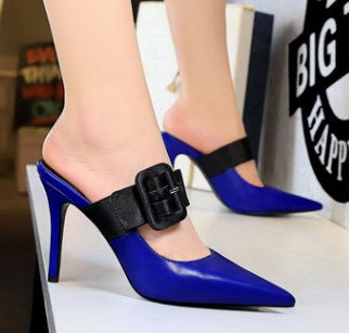 Blue Shoe Features a Sleek Black Belt Buckle.