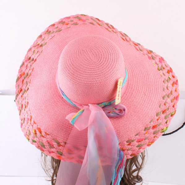 Candy Bow Kink Lace-Up Embellished Color Block Brim Straw Hat