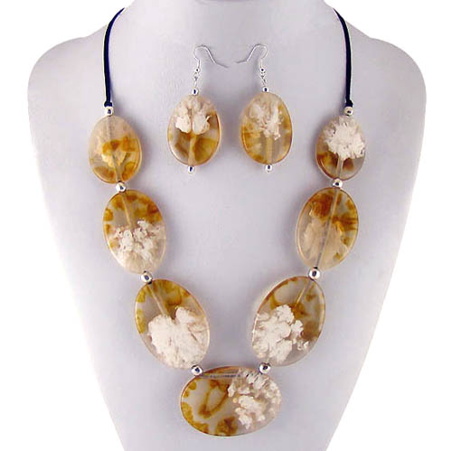 Brown and White Printed Necklace and Earring Set